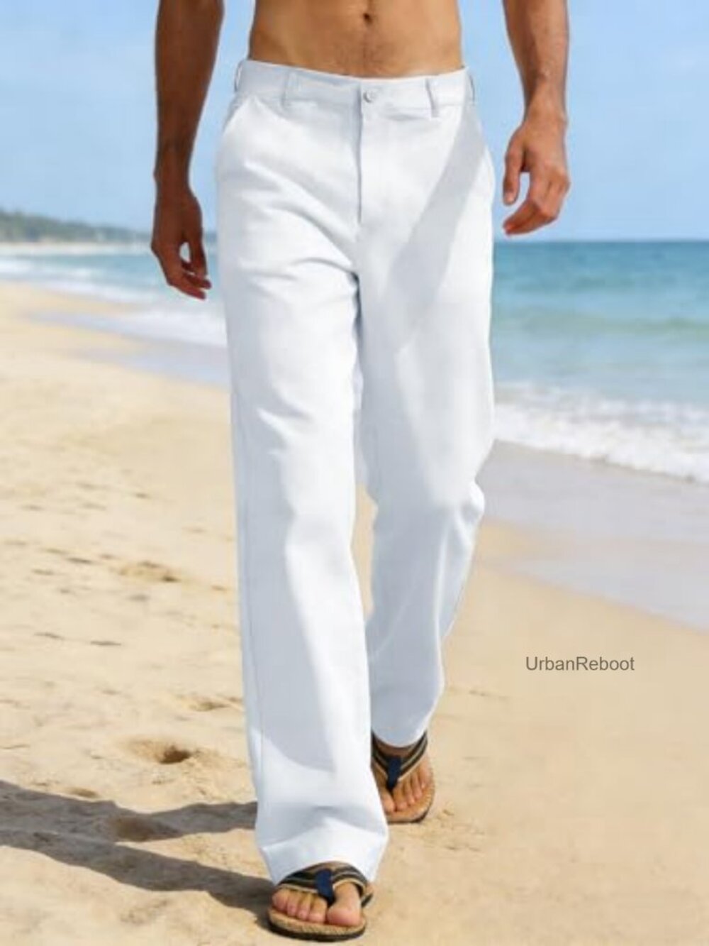 Men's Linen Casual Pants Elastic Waist Lightweight Summer Beach Pants with - Picture 3 of 7